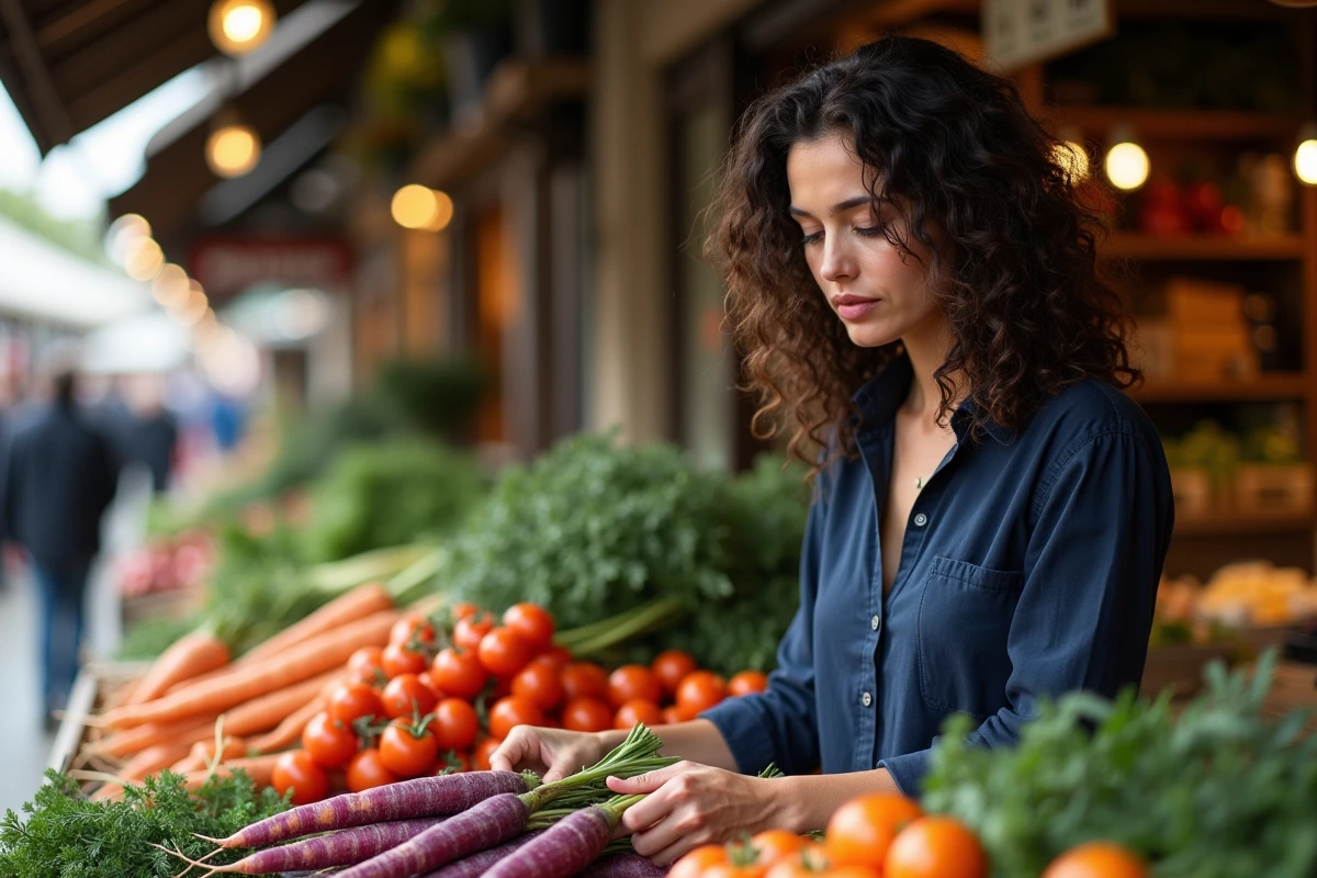 Femme choisissant des légumes anciens sur un marché couvert français, illustrant le lien entre gastronomie et terroir local