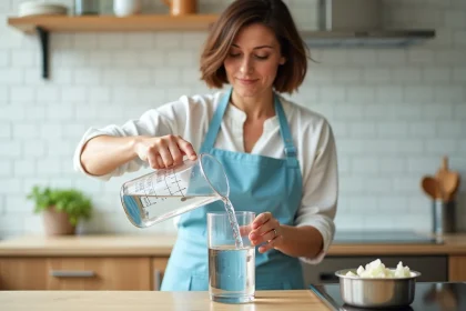 Femme versant de l'eau dans un récipient gradué en litres dans une cuisine moderne, support visuel pour dyscalculie