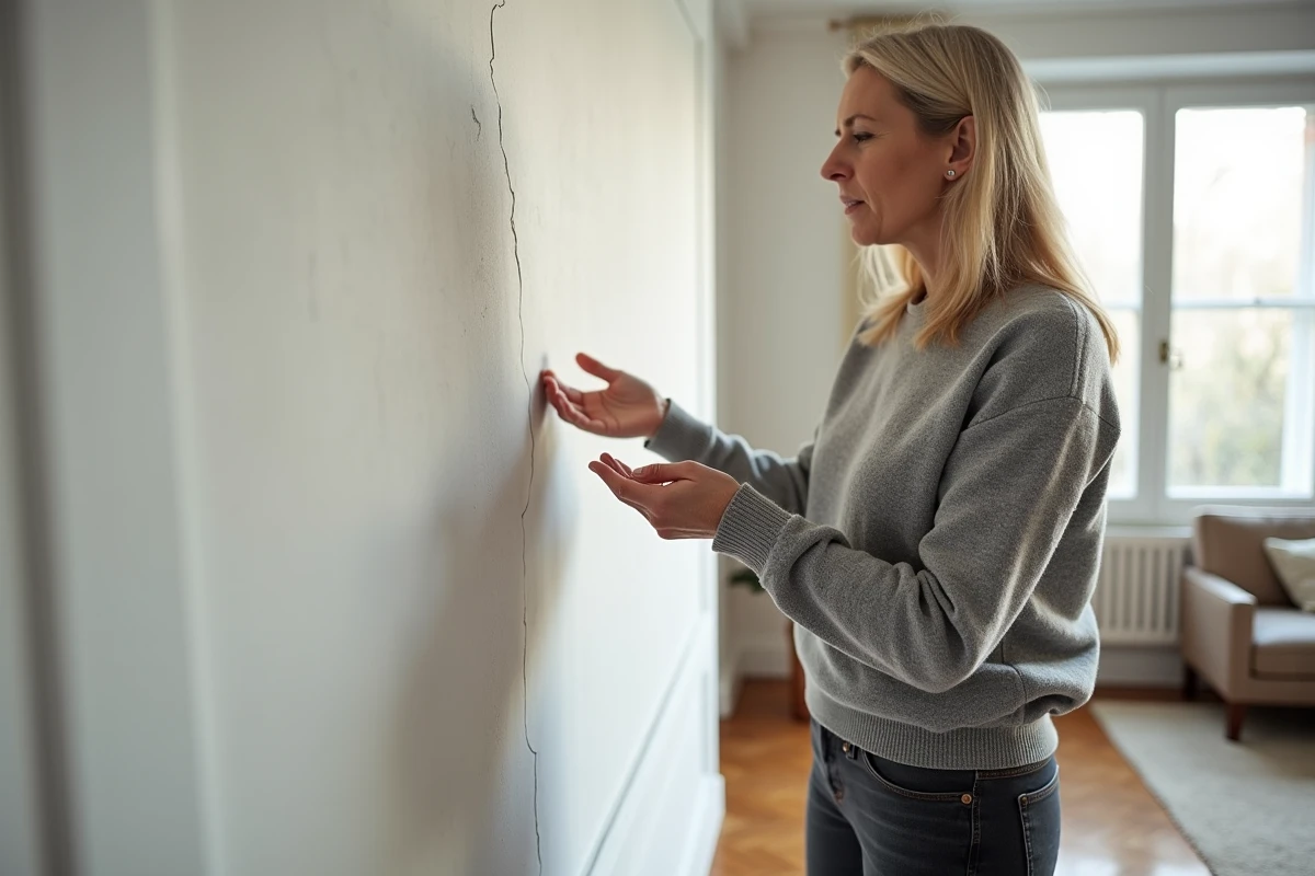Femme touchant un mur intérieur froid et humide dans un appartement moderne