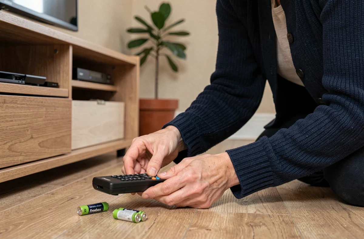 Femme changeant les piles d'une télécommande Freebox posée sur un meuble TV en bois