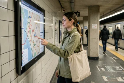 Femme consultant un plan de métro sur un écran numérique dans une station de transport en commun pour trouver un Lidl à proximité