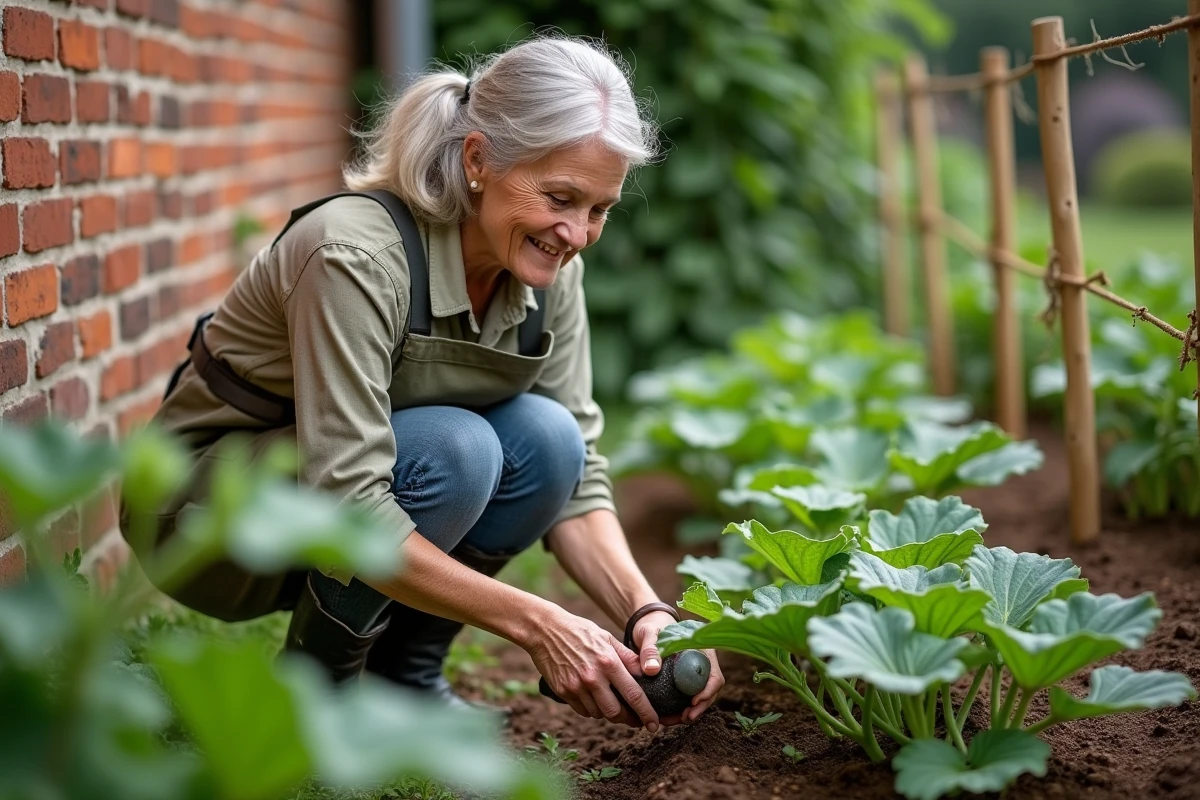 Femme jardinant à côté d'un mur en briques exposé au sud avec un potager en pleine terre de courgettes et haricots grimpants