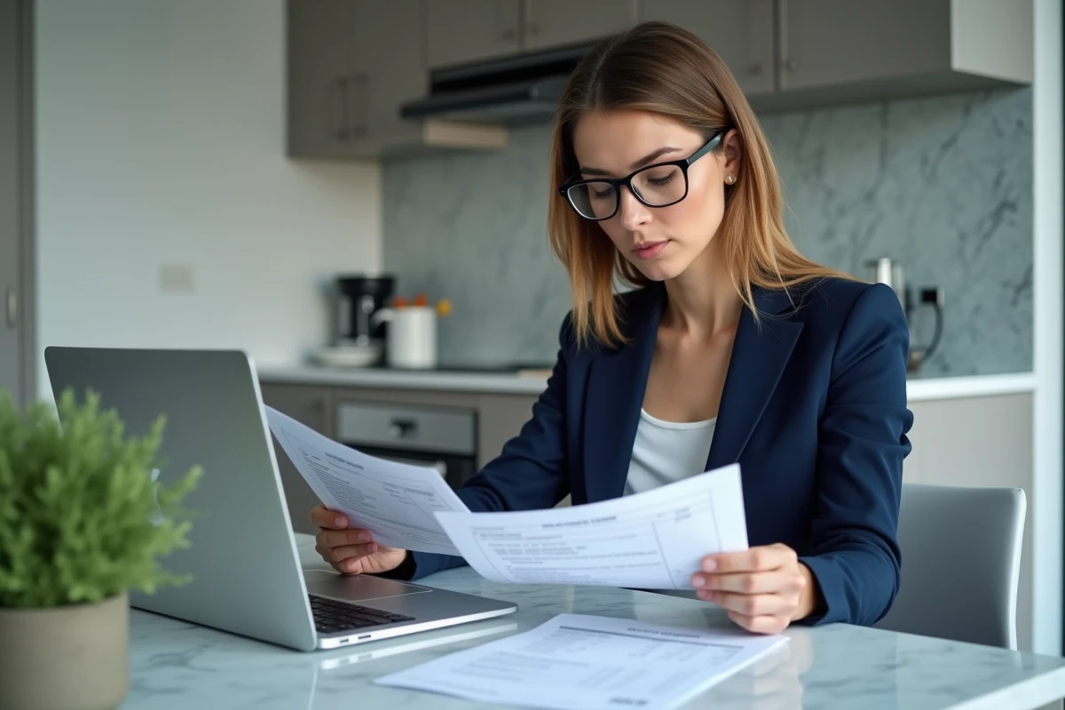 Femme propriétaire comparant la taxe foncière et les revenus locatifs sur des documents fiscaux