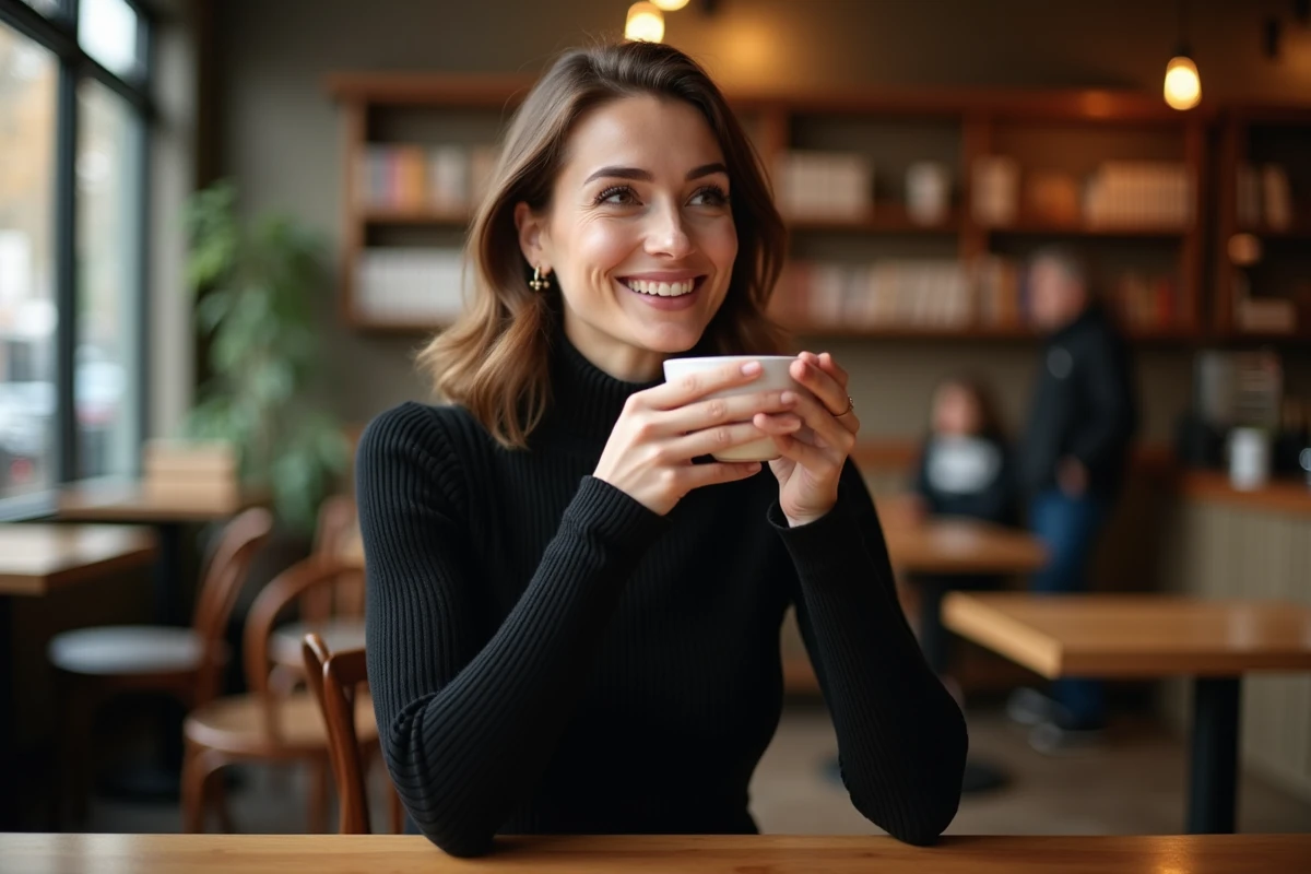 Jeune femme en pull col roulé noir dans un café parisien, questionnant la place du noir dans la mode féminine contemporaine