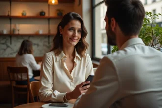 Femme qui se fait désirer dans un café parisien en ignorant son interlocuteur avec un sourire discret