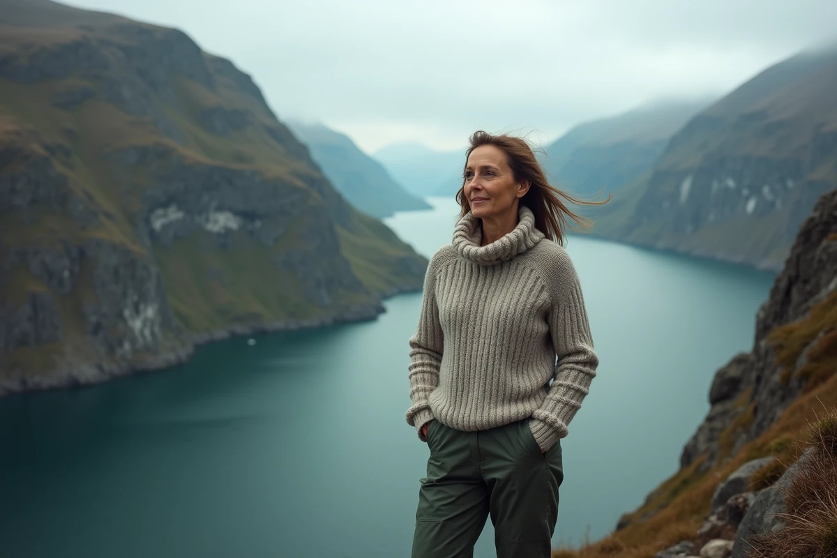 Femme en randonnée contemplant un fjord norvégien depuis une falaise rocheuse, paysage nordique authentique