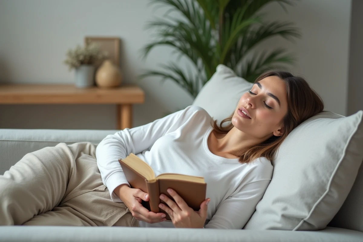 Femme allongée sur un canapé tenant un livre, représentant la fatigue cognitive et la phase de récupération après un burn-out