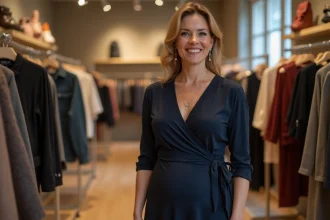 Femme ronde portant une robe portefeuille marine bien ajustée dans une boutique parisienne