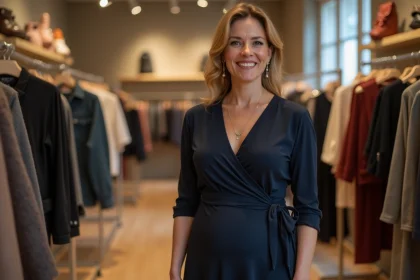 Femme ronde portant une robe portefeuille marine bien ajustée dans une boutique parisienne