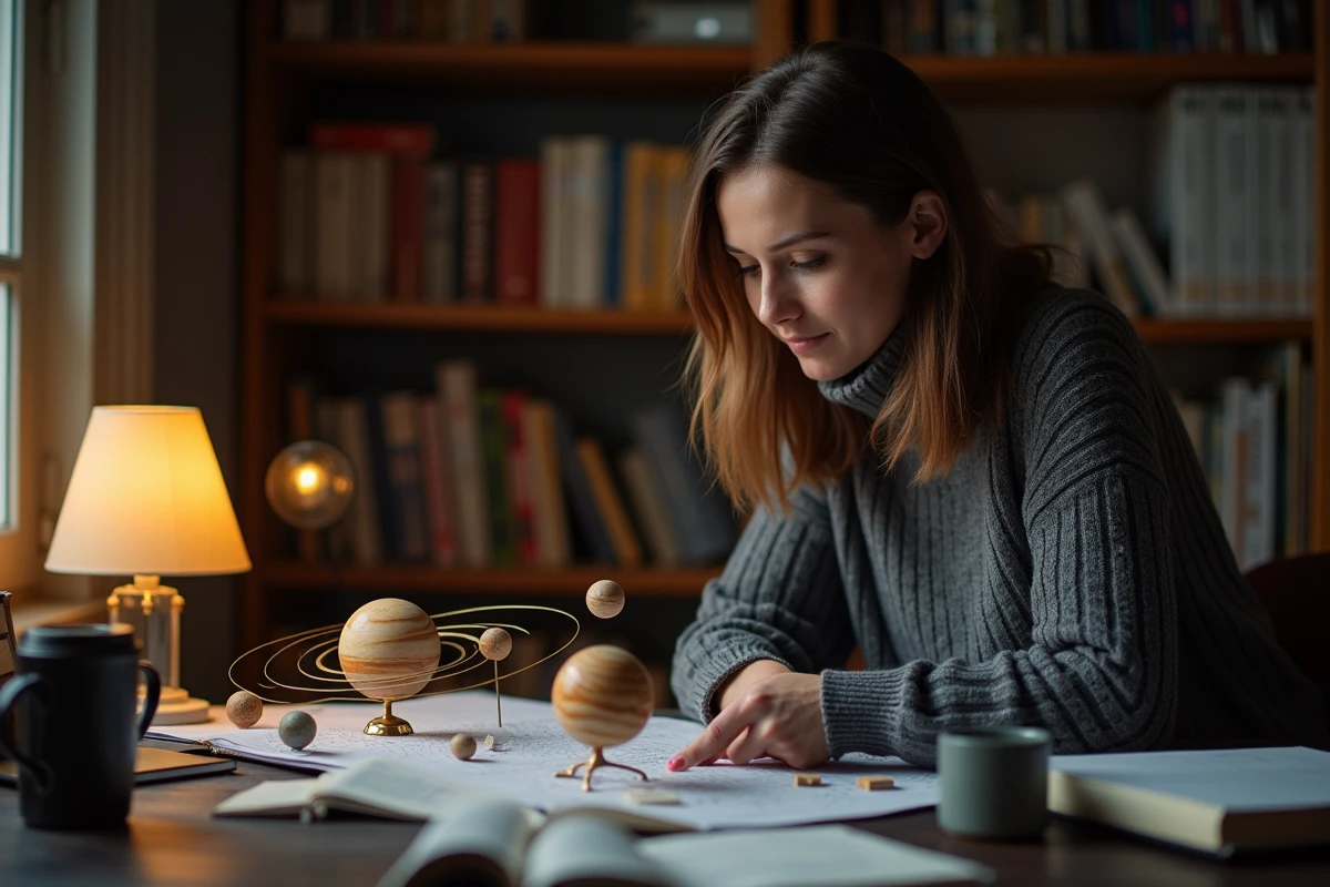 Femme scientifique examinant une maquette du système solaire à son bureau la nuit
