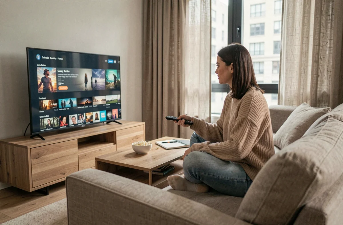 Femme regardant une sélection de films sur un site de streaming depuis son canapé avec télécommande