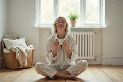 Femme sereine assise sur un plancher en bois dans un intérieur minimaliste, tenant une tasse en céramique, illustrant la simplicité volontaire et le bonheur au quotidien
