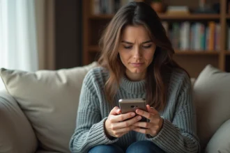 Femme assise seule sur un canapé tenant son téléphone avec une expression vulnérable, illustrant le besoin d'aide psychologique
