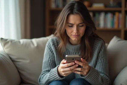 Femme assise seule sur un canapé tenant son téléphone avec une expression vulnérable, illustrant le besoin d'aide psychologique