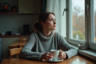 Femme seule à une table de cuisine regardant par la fenêtre avec une expression pensive, illustrant le mal-être familial