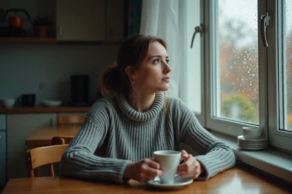 Femme seule à une table de cuisine regardant par la fenêtre avec une expression pensive, illustrant le mal-être familial