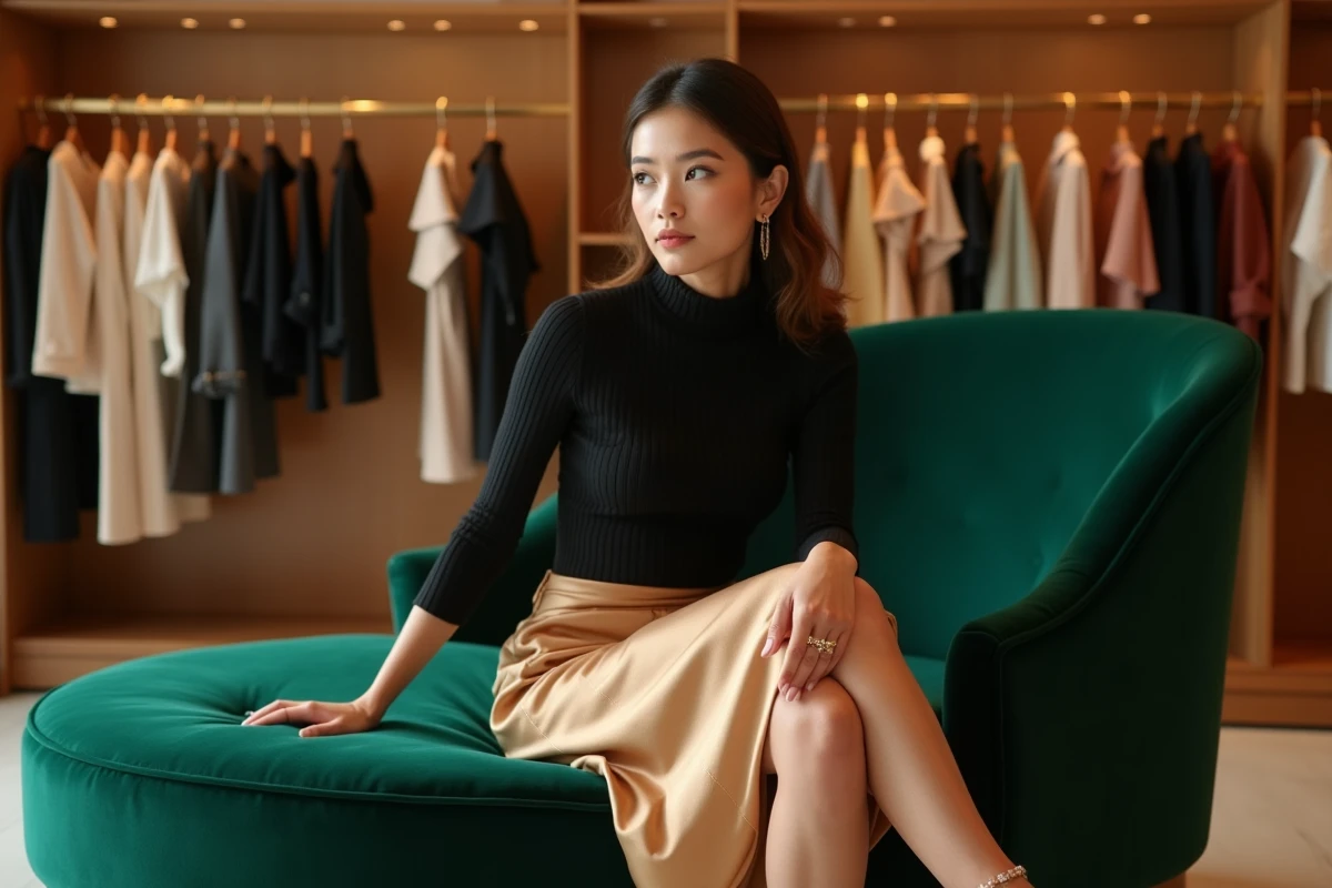 Femme sophistiquée assise sur une chaise longue en velours vert dans une boutique de mode haut de gamme, incarnant l'élégance d'une diva