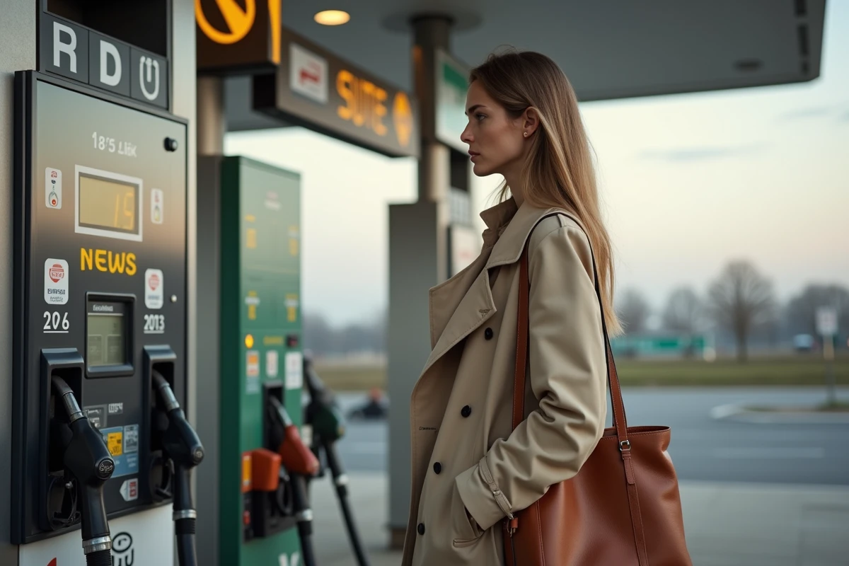 Femme regardant les prix du carburant diesel à une station-service en France