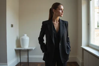 Femme élégante en tenue entièrement noire dans un appartement parisien minimaliste, illustrant la question du noir comme couleur féminine