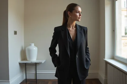 Femme élégante en tenue entièrement noire dans un appartement parisien minimaliste, illustrant la question du noir comme couleur féminine
