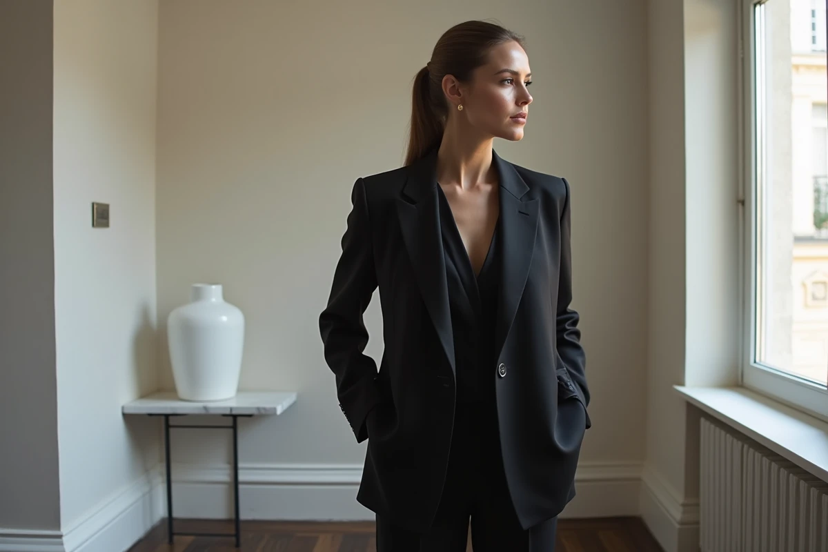 Femme élégante en tenue entièrement noire dans un appartement parisien minimaliste, illustrant la question du noir comme couleur féminine