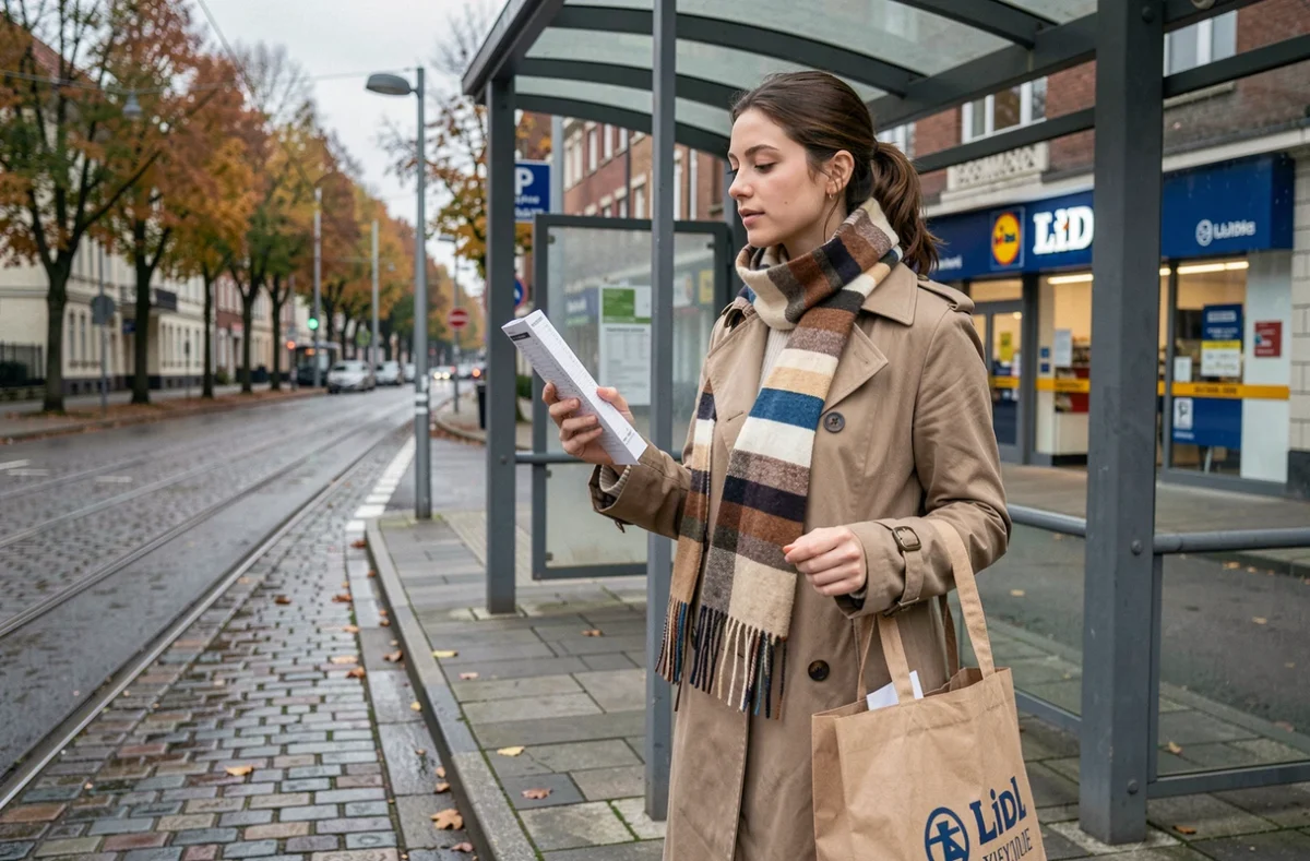 Jeune femme descendant d'un tramway avec un horaire en main, un magasin Lidl visible en arrière-plan, illustrant l'utilisation des transports en commun pour faire ses courses