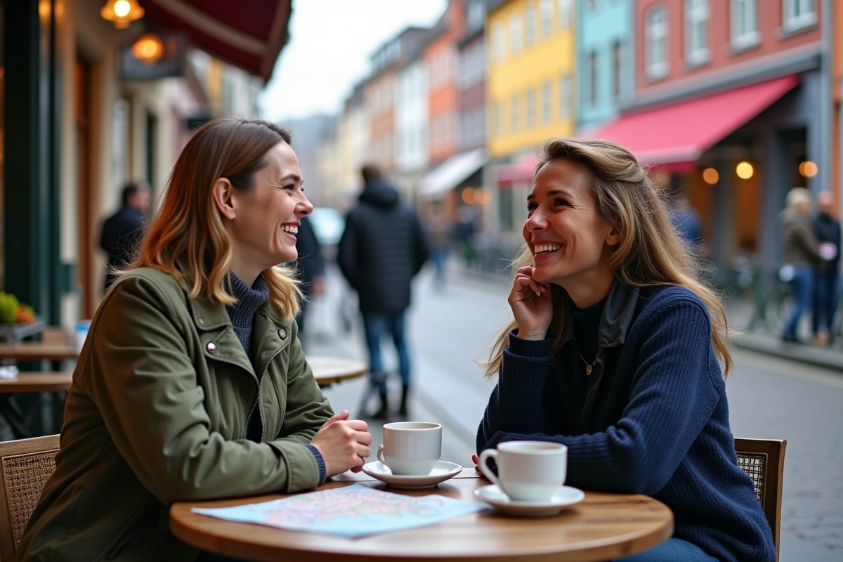 Deux femmes souriantes attablées dans un café en plein air dans une ville sécurisée