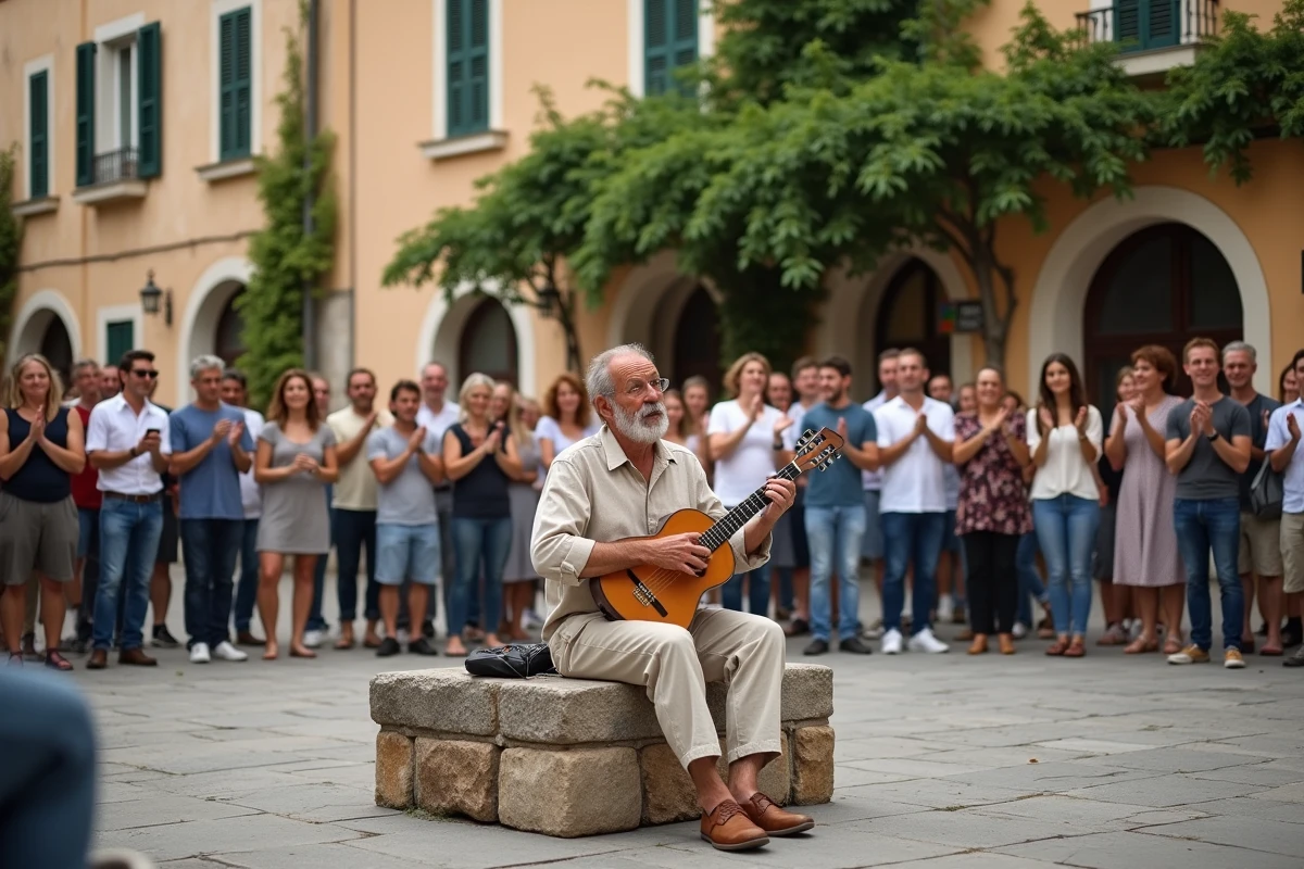 Musicien jouant un instrument traditionnel lors d'un festival de rue méditerranéen, transmission et célébration de la culture populaire en plein air
