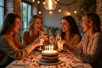 Groupe d'adultes portant un toast lors d'une fête d'anniversaire autour d'une table décorée avec gâteau et bougies