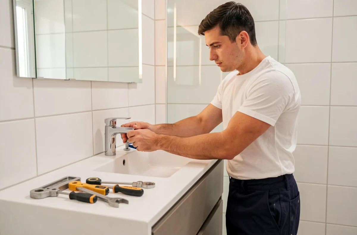 Artisan plombier indépendant Fiot Mickael installant un robinet dans une salle de bain rénovée à Tours