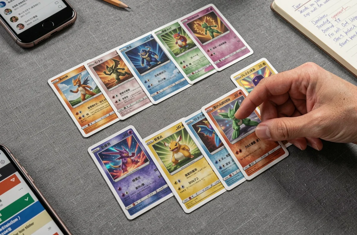Vue en plongée de cartes Pokémon communes organisées sur une surface textile pour construire un deck économique Pokémon Pocket