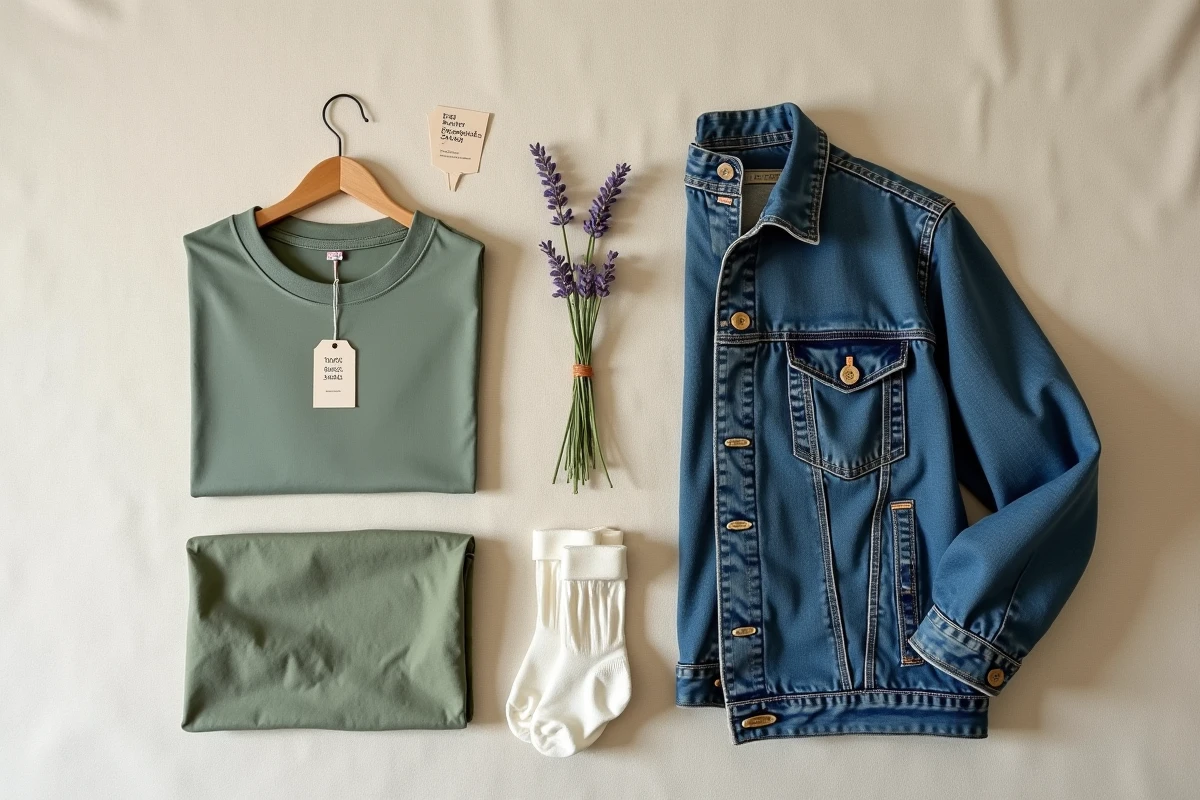 Flat lay d'une garde-robe capsule composée de vêtements durables en coton bio, laine et denim recyclé sur fond de lin brut