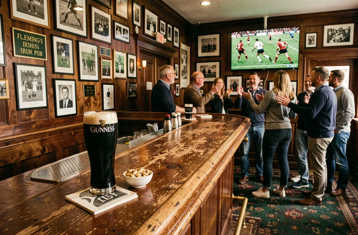 Pinte de Guinness en train de se déposer sur le comptoir en bois sombre du Fleming's Irish Pub à Nantes, avec clients regardant un match en arrière-plan