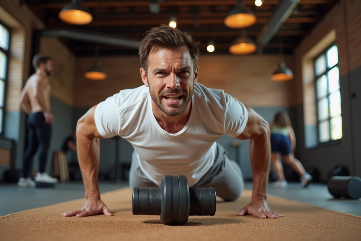 Homme utilisant un foam roller pour améliorer la mobilité musculaire dans une salle de sport urbaine