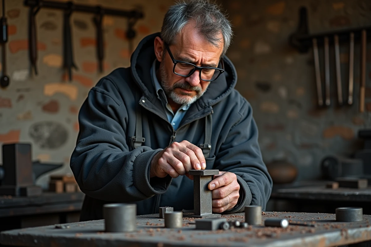 Forgeron artisan inspectant une pièce métallique forgée à la main dans une forge traditionnelle