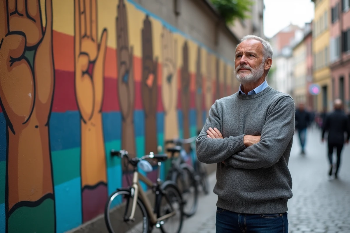 Homme réfléchissant devant une fresque murale urbaine sur les droits humains illustrant les valeurs de durabilité éthique