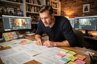 Game designer analysant la structure des actes et la durée des segments narratifs d'un jeu vidéo sur un bureau encombré de scripts