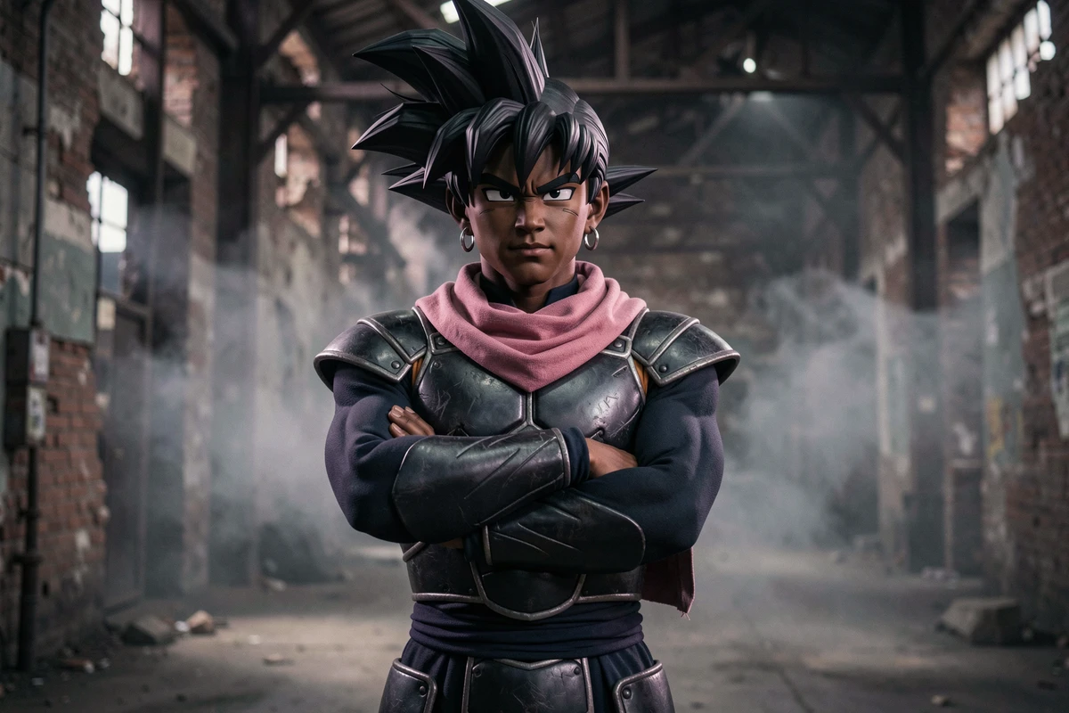Cosplayeur représentant Goku Black de Dragon Ball Super avec costume sombre et accessoires Rose dans un entrepôt industriel