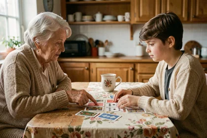 Une grand-mère explique les règles de la crapette à un adolescent autour d'une table en bois avec des cartes à jouer