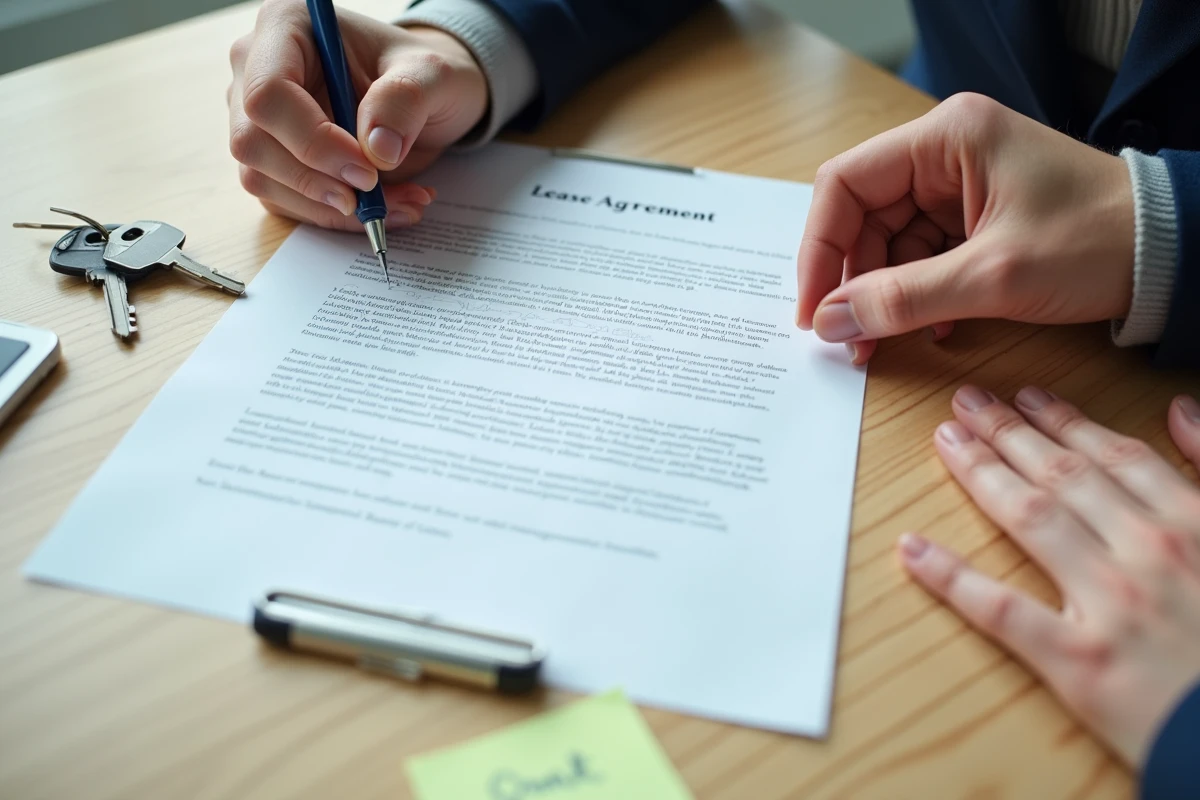 Gros plan sur un contrat de bail solidaire posé sur un bureau avec des clés d'appartement et deux personnes sur le point de signer