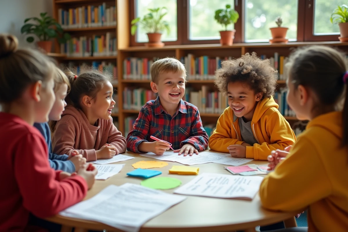 Groupe d'élèves de primaire réunis autour d'une table en bibliothèque pour discuter des idées de délégué de classe