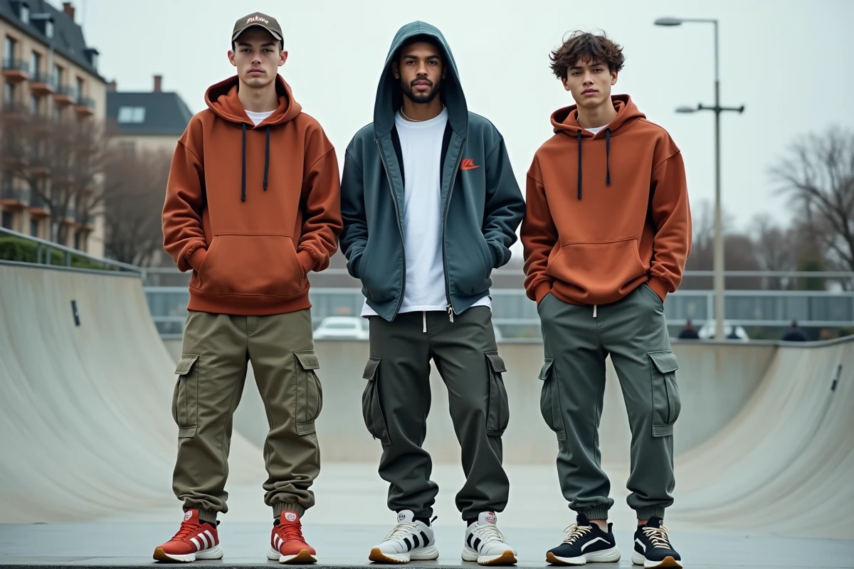 Groupe de jeunes en tenues streetwear Comme 8 posant dans un skatepark urbain français