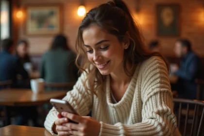 Jeune femme regardant l'heure miroir 20h20 sur son téléphone dans un café, expression songeuse et bienveillante