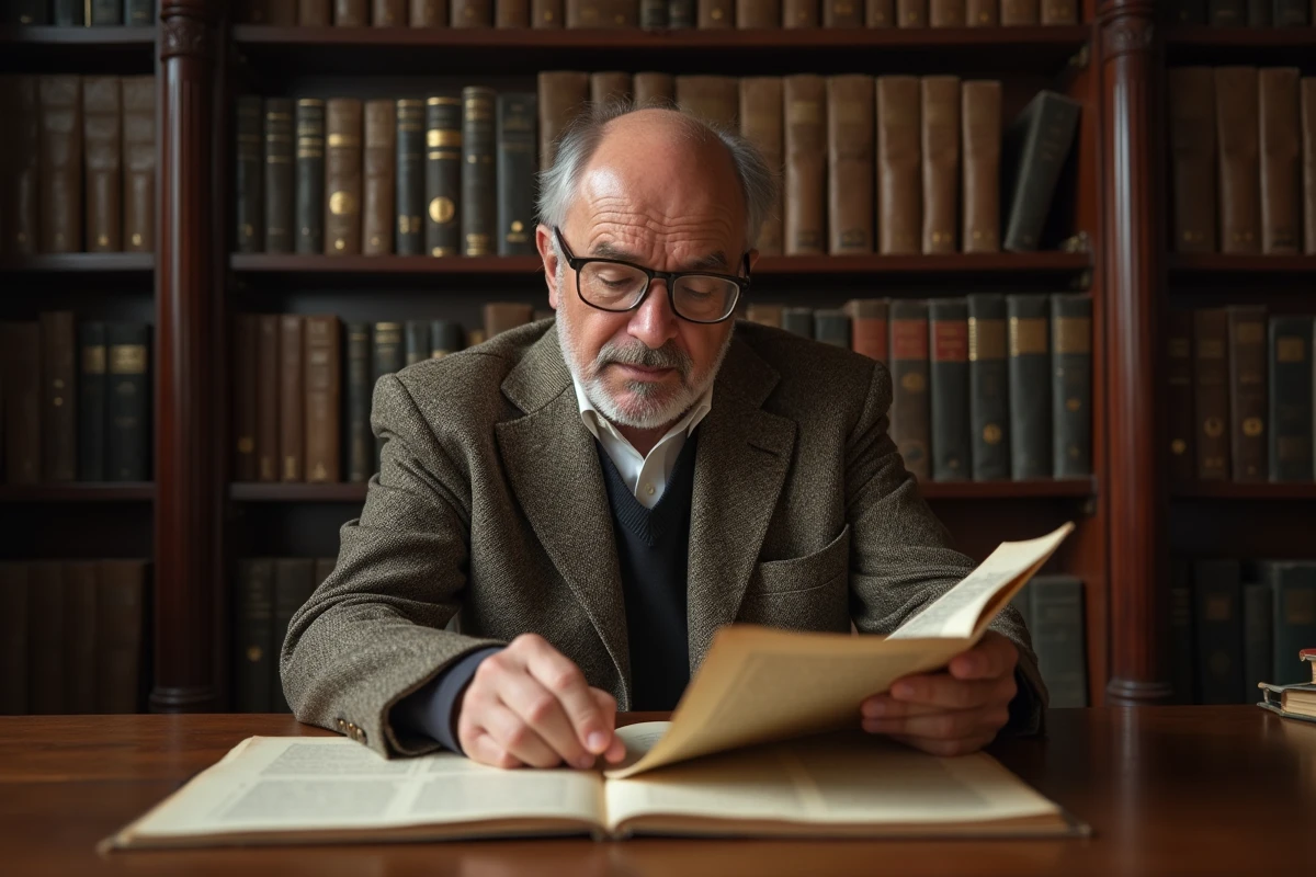Historien spécialiste examinant un manuscrit culinaire français ancien dans une bibliothèque d'archives universitaire