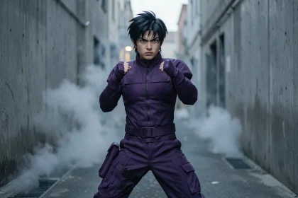Cosplayeur incarnant Hit de Dragon Ball Super en costume violet sombre dans une ruelle urbaine atmosphérique