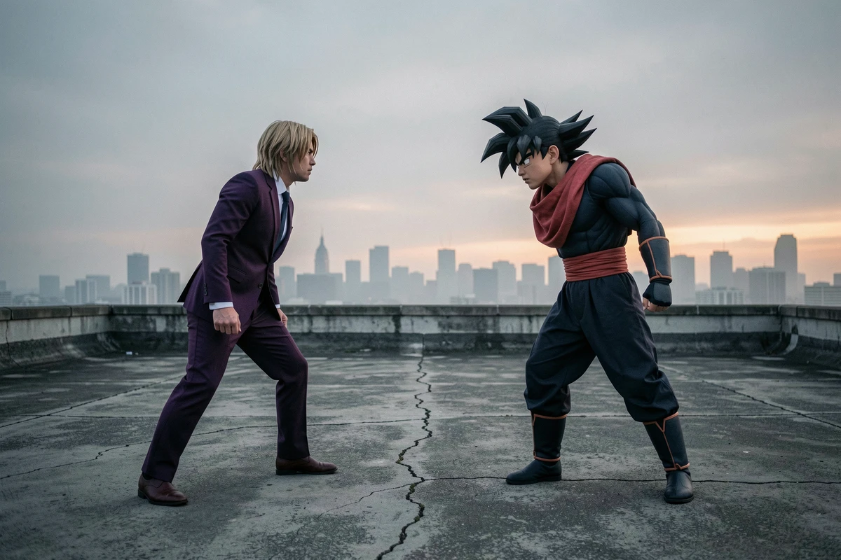Deux cosplayeurs incarnant Hit et Goku Black face à face sur un toit urbain brumeux illustrant leur rivalité dans Dragon Ball Super