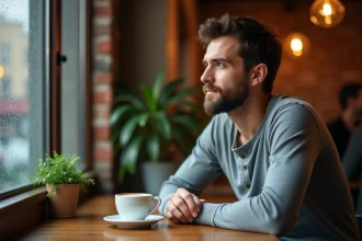 Homme pensif seul dans un café regardant par la fenêtre sous la pluie, évoquant des émotions romantiques profondes