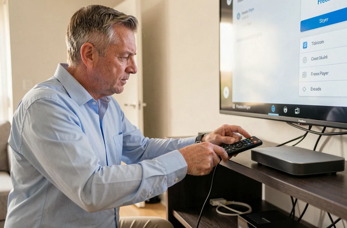 Homme tentant de ré-associer une télécommande Freebox vers le boîtier Freebox Player dans un salon moderne