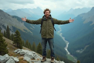 Homme aventureux debout au bord d'une crête rocheuse en montagne, bras écartés face au panorama, esprit d'aventure et liberté