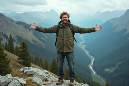 Homme aventureux debout au bord d'une crête rocheuse en montagne, bras écartés face au panorama, esprit d'aventure et liberté